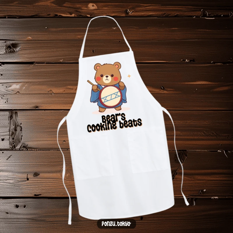 Funny cute bear in a blue kimono energetically playing a taiko drum, a humorous cooking apron.