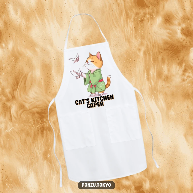 Funny cat in a green kimono playfully attempting to catch a floating origami crane, a humorous cooking apron.