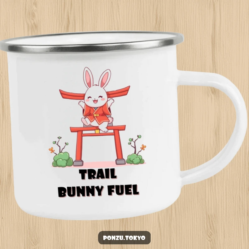 Funny bunny in a red kimono joyfully leaping over a stylized torii gate, perfect for outdoor fun.