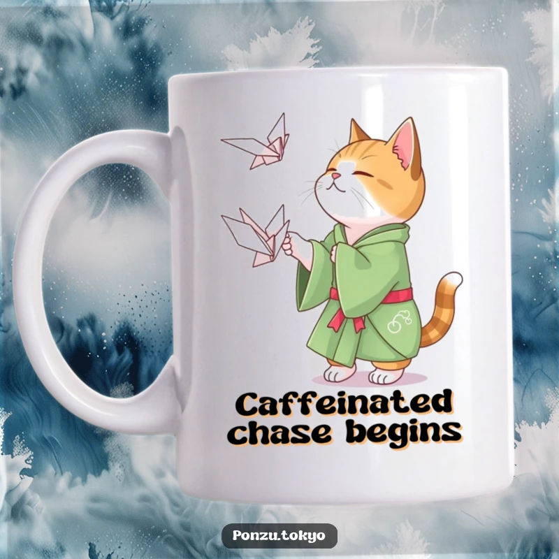 Funny cat in a green kimono playfully attempting to catch a floating origami crane, a cute and humorous gift.