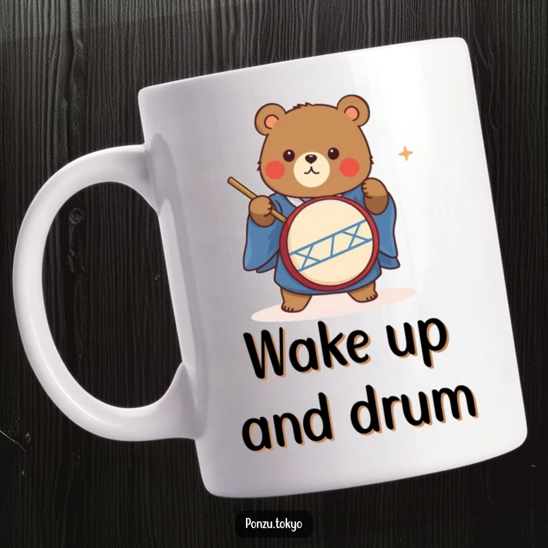 Funny cute bear in a blue kimono energetically playing a taiko drum, a humorous and musical gift.