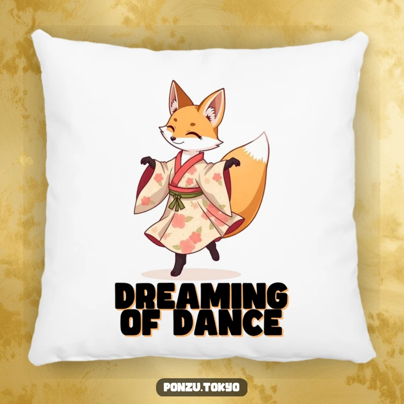 Funny fox in a floral kimono gracefully performing a spinning pirouette, a soft and humorous pillow.