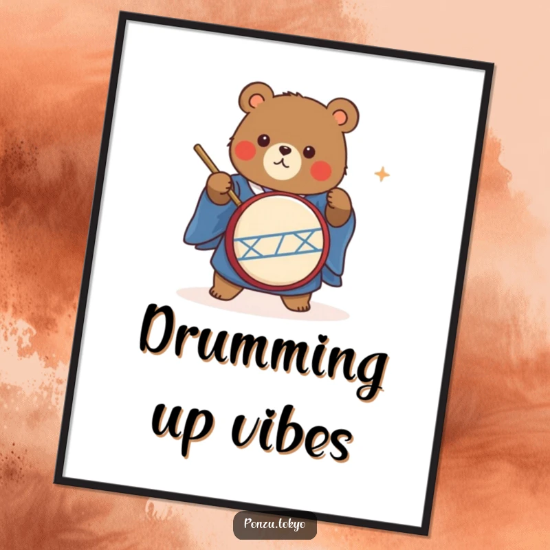 Funny cute bear in a blue kimono energetically playing a taiko drum, a downloadable art print.