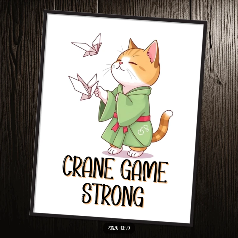 Funny cat in a green kimono playfully attempting to catch a floating origami crane, a downloadable art print.