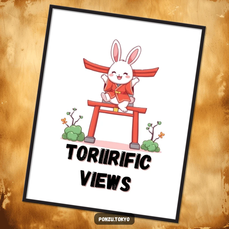 Funny bunny in a red kimono joyfully leaping over a stylized torii gate, a downloadable art print.