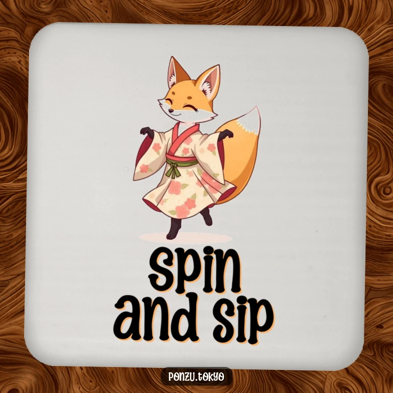 Funny fox in a floral kimono gracefully performing a spinning pirouette, a lovely drink coaster.