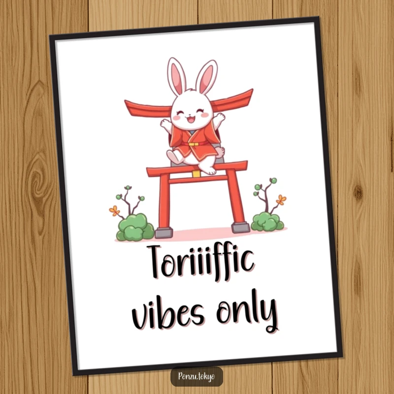 Funny bunny in a red kimono joyfully leaping over a stylized torii gate, a whimsical art print.