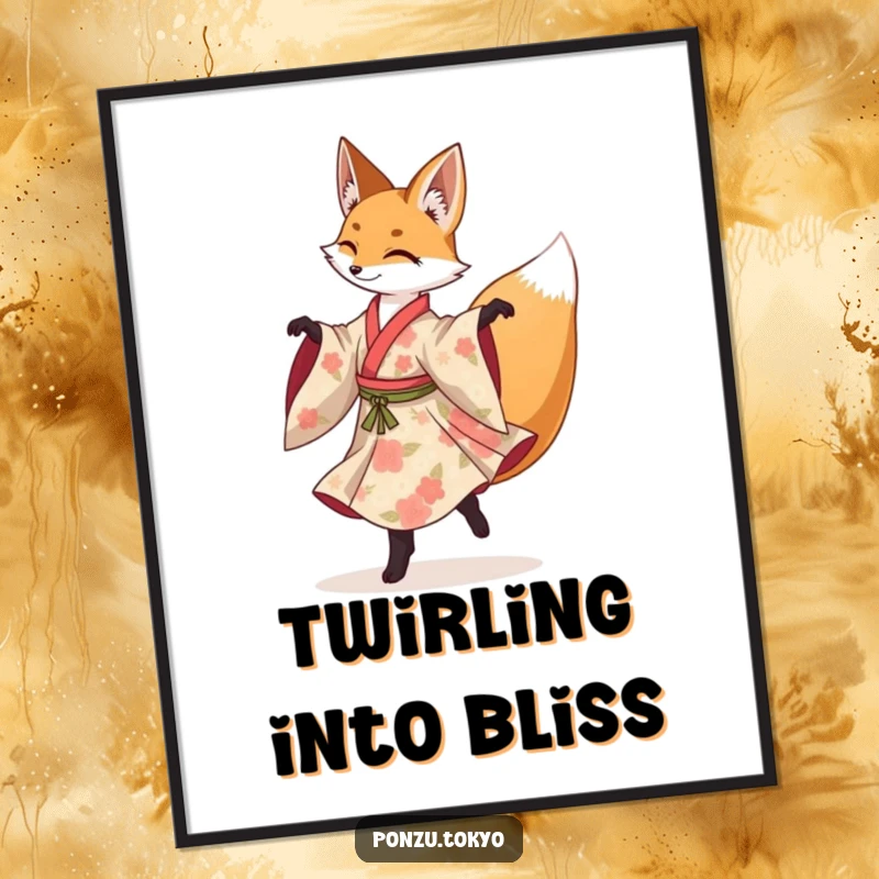 Funny fox in a floral kimono gracefully performing a spinning pirouette, a lovely art print.
