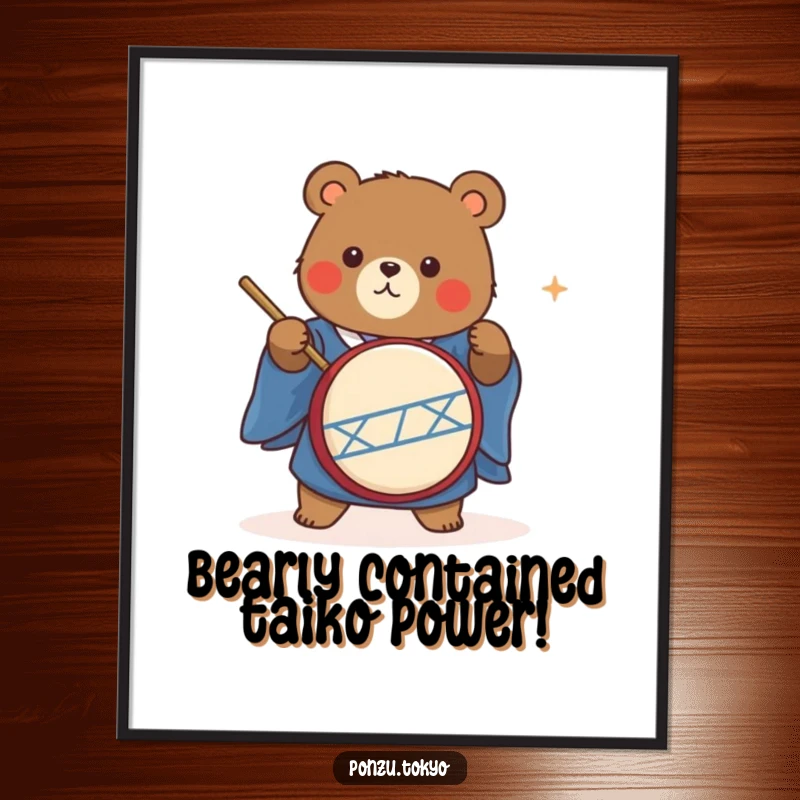 Funny Free Printable Wall Art: Cute bear character in a blue kimono energetically playing a taiko drum.