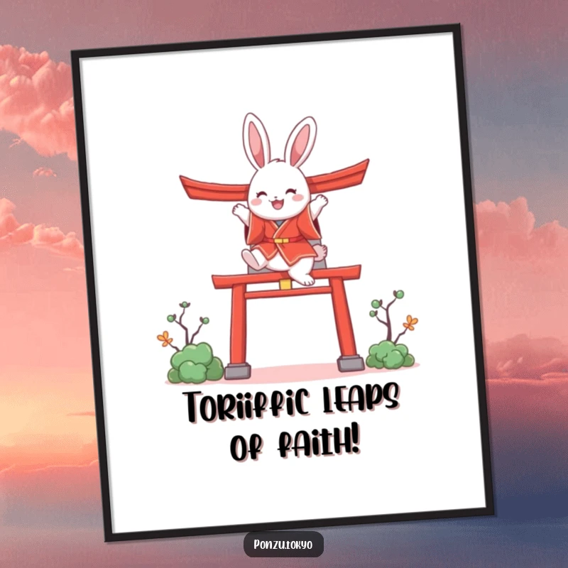 Funny Free Printable Wall Art: Fluffy bunny in red kimono joyfully leaping over a stylized torii gate.