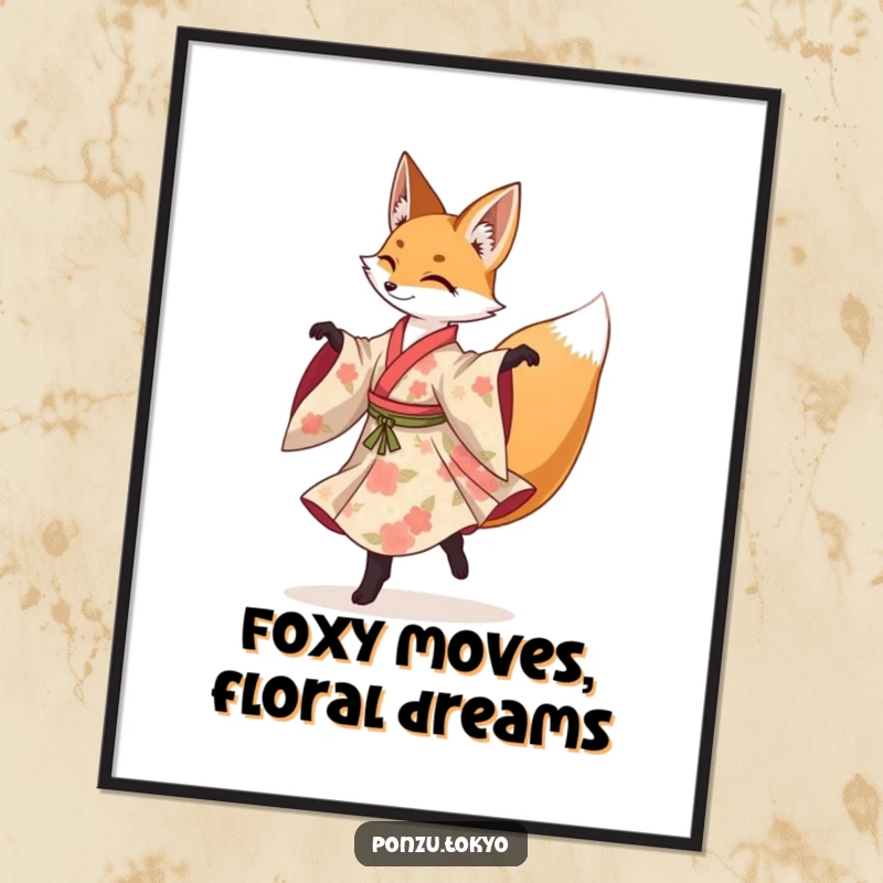 Funny Free Printable Wall Art: Fox in a floral kimono gracefully performing a spinning pirouette.