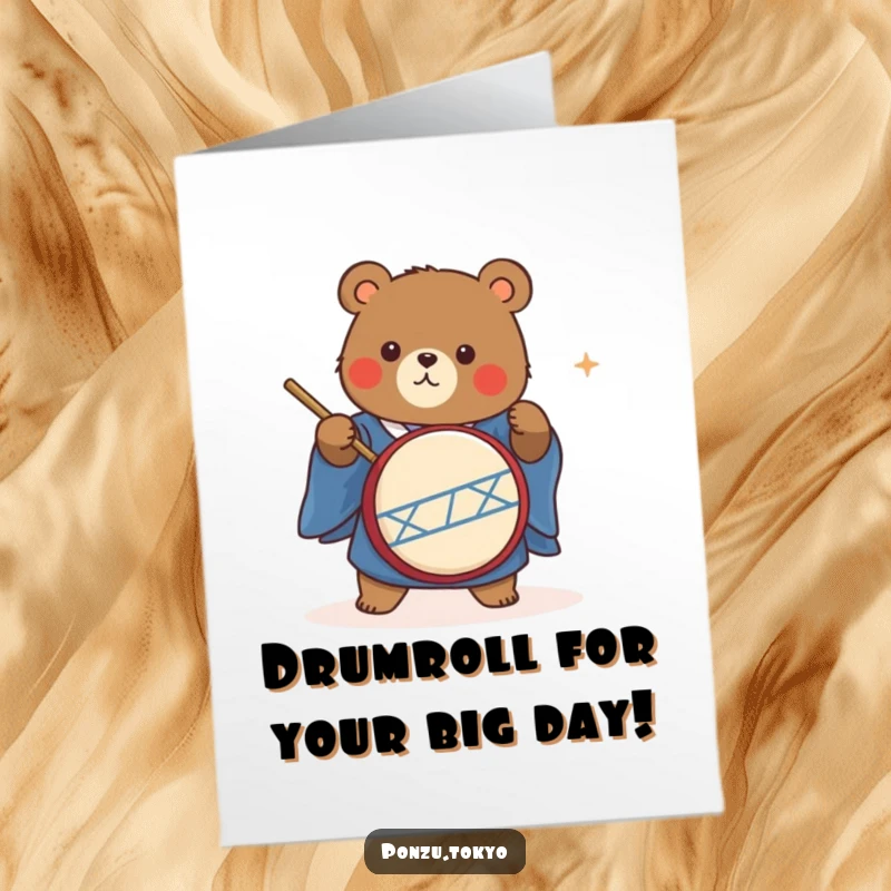 Funny Free Printable Birthday Card: Cute bear in blue kimono energetically playing taiko drum.