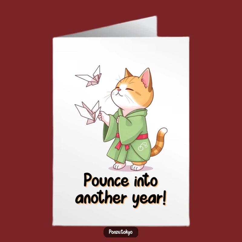 Free Printable Cat Birthday Card: Funny Origami Crane Kimono Cat Downloadable Gift