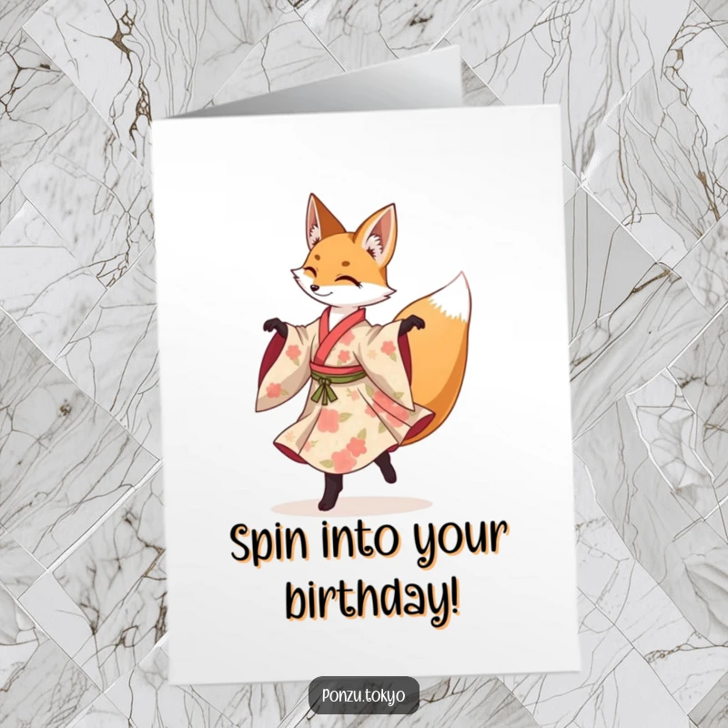 Funny Free Printable Birthday Card: Fox in floral kimono gracefully performing a spinning pirouette.