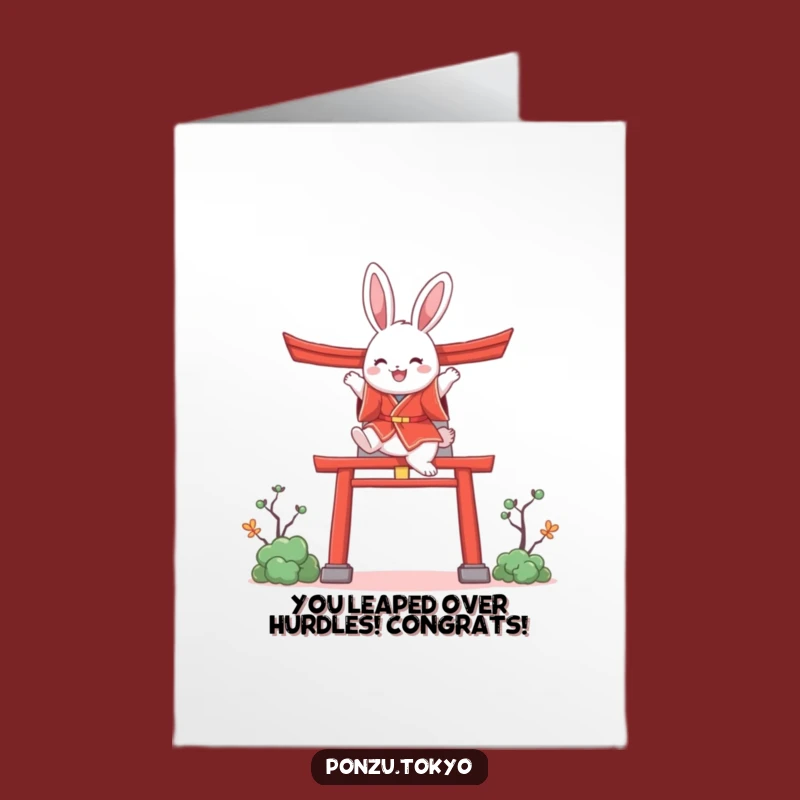 Free Printable Congrats Card: Funny Bunny Kimono Leaping Torii Gate Downloadable