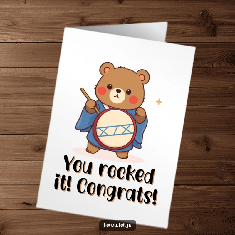 Funny Free Printable Congratulations Card: Bear in blue kimono energetically playing a taiko drum.