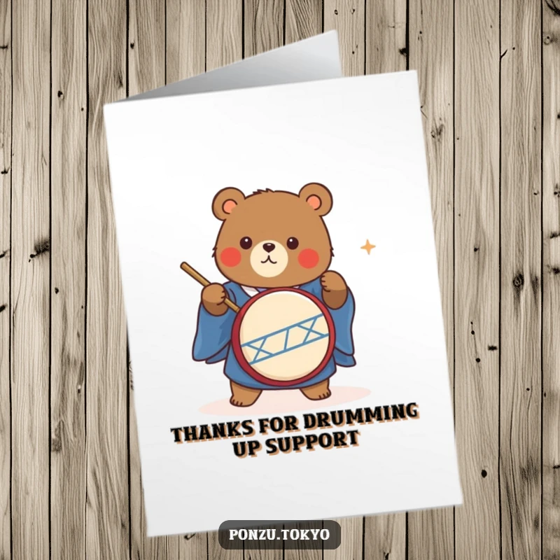 Funny Free Printable Thank You Card: Bear in blue kimono energetically playing a taiko drum.
