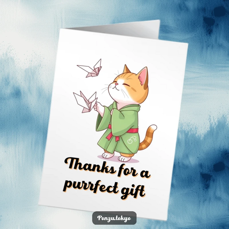 Funny Free Printable Thank You Card: Cat in green kimono playfully attempting to catch a floating origami crane.