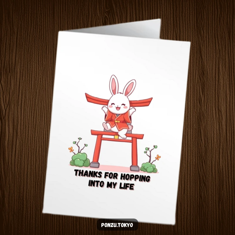 Funny Free Printable Thank You Card: Bunny in red kimono leaping over a torii gate.
