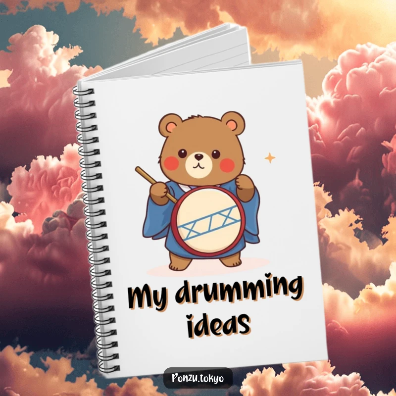 Funny cute bear in a blue kimono energetically playing a taiko drum, a cool and funny notebook.