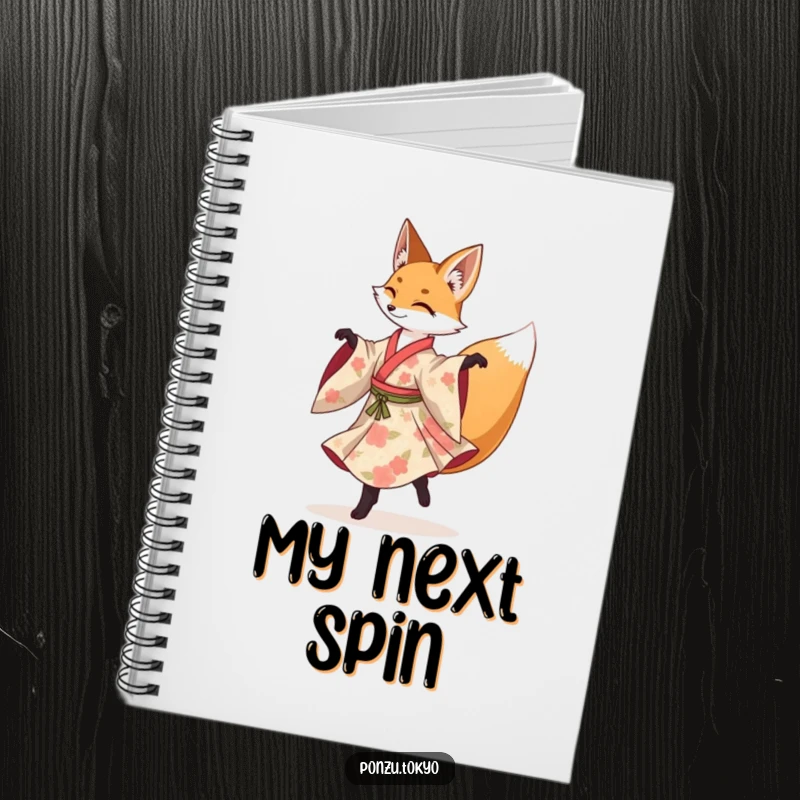 Funny fox in a floral kimono gracefully performing a spinning pirouette, a stylish and funny notebook.