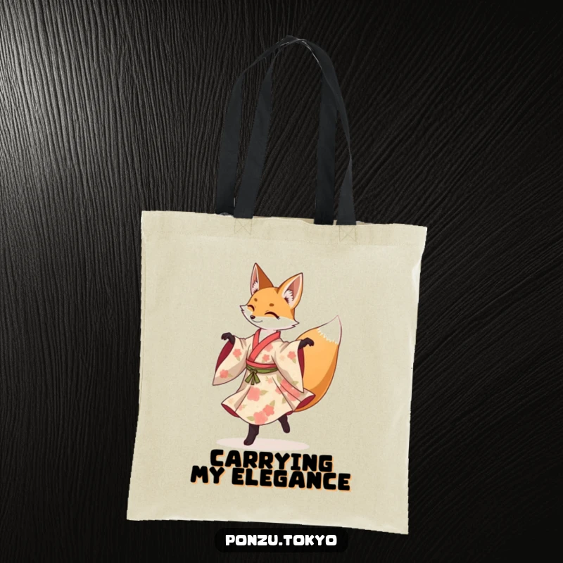 Funny fox in a floral kimono gracefully performing a spinning pirouette on a tote bag.